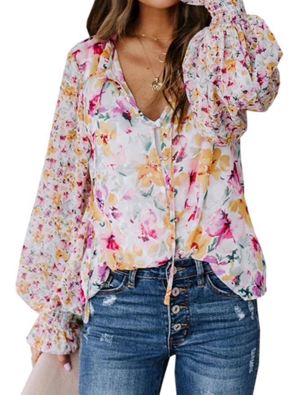 Floral V-Neck Long Sleeve Blouse